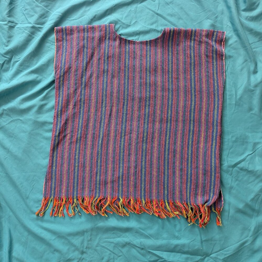 Mexican top blouse huipil blue / multicolor with fringe, cotton